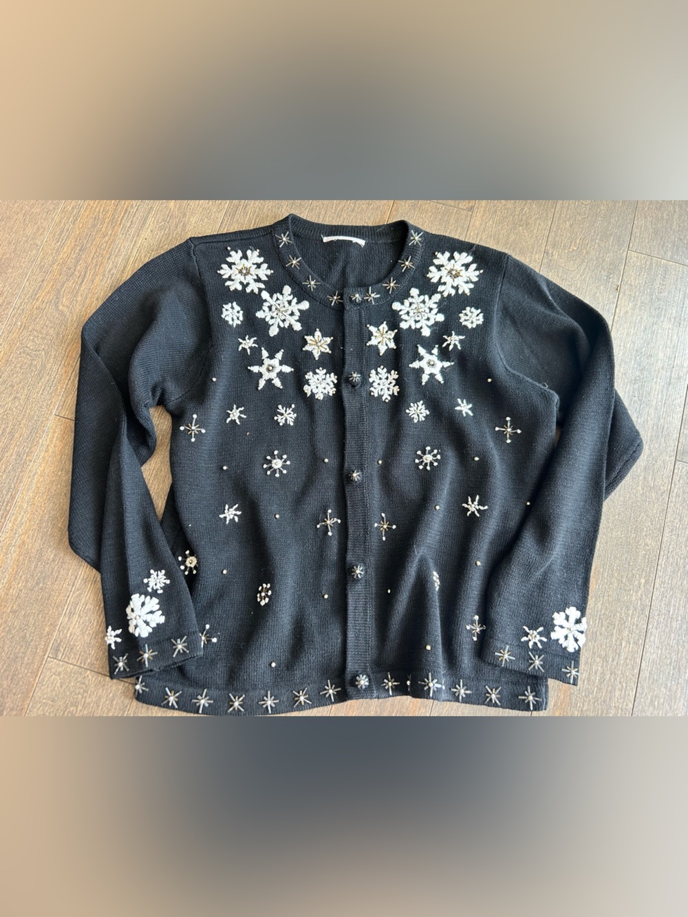 Vintage Black Embellished Snowflake Cardigan Sweater size medium